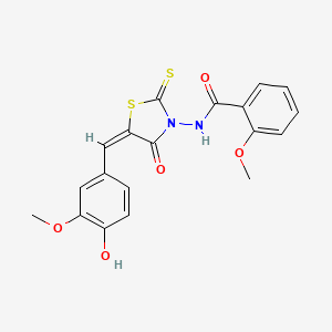 molecular formula C19H16N2O5S2 B2719468 N-[(5E)-5-[(4-羟基-3-甲氧基苯基)甲基亚甲基]-4-氧代-2-硫代-1,3-噻唑烷-3-基]-2-甲氧基苯甲酰胺 CAS No. 463979-03-5