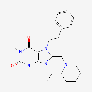 molecular formula C23H31N5O2 B2719494 8-[(2-ethylpiperidin-1-yl)methyl]-1,3-dimethyl-7-(2-phenylethyl)-3,7-dihydro-1H-purine-2,6-dione CAS No. 851943-32-3