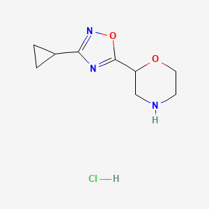 molecular formula C9H14ClN3O2 B2719594 2-(3-Cyclopropyl-1,2,4-oxadiazol-5-yl)morpholine hydrochloride CAS No. 2138005-61-3
