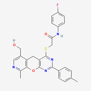 molecular formula C27H23FN4O3S B2719599 N-(4-fluorophenyl)-2-{[6-(hydroxymethyl)-9-methyl-2-(4-methylphenyl)-5H-pyrido[4',3':5,6]pyrano[2,3-d]pyrimidin-4-yl]thio}acetamide CAS No. 892384-88-2