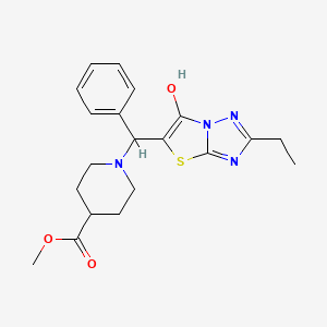 molecular formula C20H24N4O3S B2719602 甲基-1-((2-乙基-6-羟基噻唑并[3,2-b][1,2,4]三唑-5-基)(苯基)甲基)哌啶-4-甲酸酯 CAS No. 898345-05-6