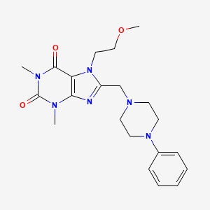 molecular formula C21H28N6O3 B2719621 7-(2-甲氧基-乙基)-1,3-二甲基-8-(4-苯基-哌嗪-1-基甲基)-3,7-二氢-嘧啶-2,6-二酮 CAS No. 578749-52-7