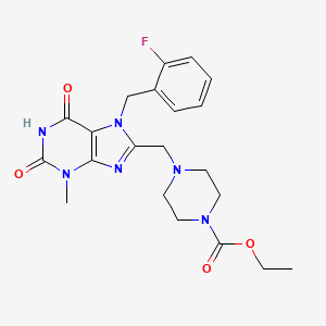 molecular formula C21H25FN6O4 B2719672 乙酸-4-[[7-[(2-氟苯基)甲基]-3-甲基-2,6-二氧代嘧啶-8-基]甲基]哌嗪-1-甲酸乙酯 CAS No. 862979-64-4