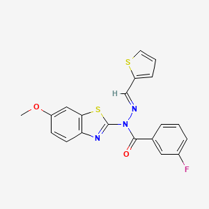 molecular formula C20H14FN3O2S2 B2719674 (E)-3-fluoro-N-(6-methoxybenzo[d]thiazol-2-yl)-N'-(thiophen-2-ylmethylene)benzohydrazide CAS No. 1006761-15-4