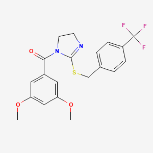 molecular formula C20H19F3N2O3S B2719684 (3,5-dimethoxyphenyl)(2-((4-(trifluoromethyl)benzyl)thio)-4,5-dihydro-1H-imidazol-1-yl)methanone CAS No. 851806-09-2
