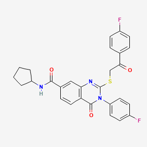 molecular formula C28H23F2N3O3S B2719848 N-cyclopentyl-3-(4-fluorophenyl)-2-((2-(4-fluorophenyl)-2-oxoethyl)thio)-4-oxo-3,4-dihydroquinazoline-7-carboxamide CAS No. 1113138-14-9