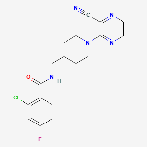 molecular formula C18H17ClFN5O B2719958 2-chloro-N-((1-(3-cyanopyrazin-2-yl)piperidin-4-yl)methyl)-4-fluorobenzamide CAS No. 1797575-78-0