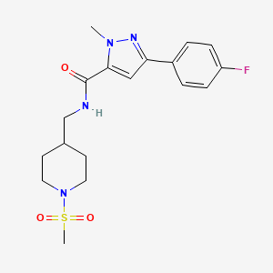 molecular formula C18H23FN4O3S B2720189 3-(4-氟苯基)-1-甲基-N-((1-(甲磺酰)哌啶-4-基)甲基)-1H-吡唑-5-甲酰胺 CAS No. 1396859-83-8