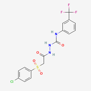 molecular formula C16H13ClF3N3O4S B2720294 2-((4-Chlorophenyl)sulfonyl)-N-(((3-(trifluoromethyl)phenyl)amino)carbonylamino)ethanamide CAS No. 1023528-58-6