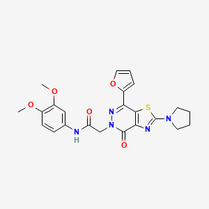molecular formula C23H23N5O5S B2720388 N-(3,4-dimethoxyphenyl)-2-(7-(furan-2-yl)-4-oxo-2-(pyrrolidin-1-yl)thiazolo[4,5-d]pyridazin-5(4H)-yl)acetamide CAS No. 1105240-11-6