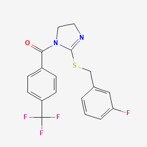 molecular formula C18H14F4N2OS B2720415 [2-[(3-Fluorophenyl)methylsulfanyl]-4,5-dihydroimidazol-1-yl]-[4-(trifluoromethyl)phenyl]methanone CAS No. 851865-24-2
