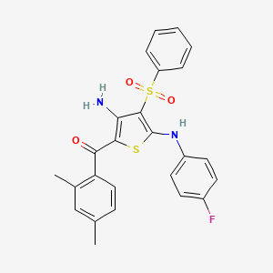 molecular formula C25H21FN2O3S2 B2720446 (3-氨基-5-((4-氟苯基)氨基)-4-(苯基磺酰)噻吩-2-基)(2,4-二甲基苯基)甲酮 CAS No. 1115373-09-5