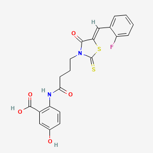 molecular formula C21H17FN2O5S2 B2720523 (Z)-2-(4-(5-(2-fluorobenzylidene)-4-oxo-2-thioxothiazolidin-3-yl)butanamido)-5-hydroxybenzoic acid CAS No. 900134-68-1