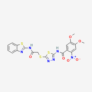 molecular formula C20H16N6O6S3 B2720532 N-(5-((2-(benzo[d]thiazol-2-ylamino)-2-oxoethyl)thio)-1,3,4-thiadiazol-2-yl)-4,5-dimethoxy-2-nitrobenzamide CAS No. 389073-14-7