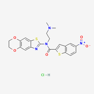 molecular formula C22H21ClN4O5S2 B2720562 N-(6,7-dihydro-[1,4]dioxino[2',3':4,5]benzo[1,2-d]thiazol-2-yl)-N-(2-(dimethylamino)ethyl)-5-nitrobenzo[b]thiophene-2-carboxamide hydrochloride CAS No. 1321861-61-3