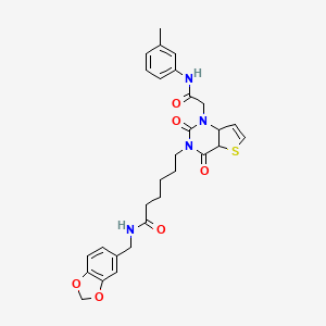 molecular formula C29H30N4O6S B2720675 N-[(2H-1,3-benzodioxol-5-yl)methyl]-6-(1-{[(3-methylphenyl)carbamoyl]methyl}-2,4-dioxo-1H,2H,3H,4H-thieno[3,2-d]pyrimidin-3-yl)hexanamide CAS No. 912885-26-8