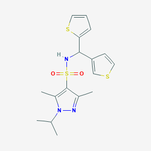 molecular formula C17H21N3O2S3 B2720719 1-isopropyl-3,5-dimethyl-N-(thiophen-2-yl(thiophen-3-yl)methyl)-1H-pyrazole-4-sulfonamide CAS No. 2034459-38-4