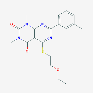 molecular formula C19H22N4O3S B2720977 5-(2-Ethoxyethylsulfanyl)-1,3-dimethyl-7-(3-methylphenyl)pyrimido[4,5-d]pyrimidine-2,4-dione CAS No. 893905-95-8