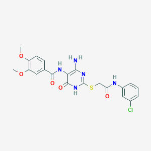 molecular formula C21H20ClN5O5S B2721032 N-(4-amino-2-((2-((3-chlorophenyl)amino)-2-oxoethyl)thio)-6-oxo-1,6-dihydropyrimidin-5-yl)-3,4-dimethoxybenzamide CAS No. 868227-04-7