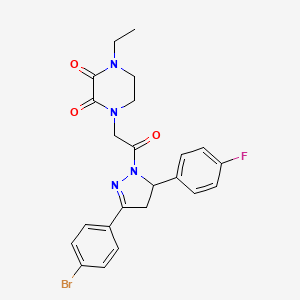 molecular formula C23H22BrFN4O3 B2721127 1-(2-(3-(4-bromophenyl)-5-(4-fluorophenyl)-4,5-dihydro-1H-pyrazol-1-yl)-2-oxoethyl)-4-ethylpiperazine-2,3-dione CAS No. 868965-22-4