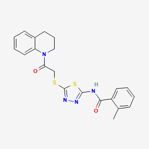 molecular formula C21H20N4O2S2 B2721150 N-(5-((2-(3,4-dihydroquinolin-1(2H)-yl)-2-oxoethyl)thio)-1,3,4-thiadiazol-2-yl)-2-methylbenzamide CAS No. 392300-11-7