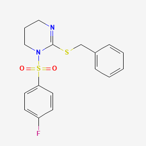 molecular formula C17H17FN2O2S2 B2721170 2-(Benzylsulfanyl)-1-[(4-fluorophenyl)sulfonyl]-1,4,5,6-tetrahydropyrimidine CAS No. 866153-34-6