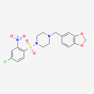 molecular formula C18H18ClN3O6S B2721293 1-(1,3-Benzodioxol-5-ylmethyl)-4-(4-chloro-2-nitrophenyl)sulfonylpiperazine CAS No. 1023485-45-1