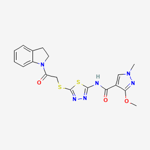 molecular formula C18H18N6O3S2 B2721295 N-(5-((2-(indolin-1-yl)-2-oxoethyl)thio)-1,3,4-thiadiazol-2-yl)-3-methoxy-1-methyl-1H-pyrazole-4-carboxamide CAS No. 1170905-91-5