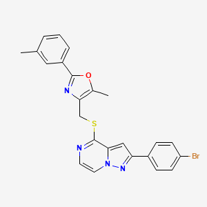 molecular formula C24H19BrN4OS B2721321 2-(4-Bromophenyl)-4-({[5-methyl-2-(3-methylphenyl)-1,3-oxazol-4-yl]methyl}thio)pyrazolo[1,5-a]pyrazine CAS No. 1207026-49-0