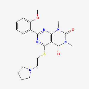 molecular formula C21H25N5O3S B2721324 7-(2-methoxyphenyl)-1,3-dimethyl-5-((2-(pyrrolidin-1-yl)ethyl)thio)pyrimido[4,5-d]pyrimidine-2,4(1H,3H)-dione CAS No. 893914-95-9