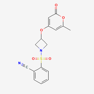 molecular formula C16H14N2O5S B2721444 2-((3-((6-甲基-2-氧代-2H-吡喃-4-基)氧基)氮杂环丁烷-1-基)磺酰)苯甲腈 CAS No. 1787880-28-7