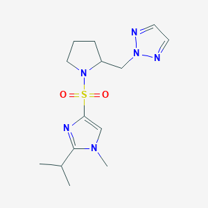 molecular formula C14H22N6O2S B2721460 2-[(1-{[1-甲基-2-(异丙基)-1H-咪唑-4-基]磺酰}吡咯啉-2-基)甲基]-2H-1,2,3-三唑 CAS No. 2097932-99-3