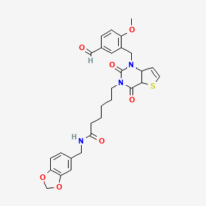 molecular formula C29H29N3O7S B2721521 N-[(2H-1,3-benzodioxol-5-yl)methyl]-6-{1-[(5-formyl-2-methoxyphenyl)methyl]-2,4-dioxo-1H,2H,3H,4H-thieno[3,2-d]pyrimidin-3-yl}hexanamide CAS No. 912800-03-4