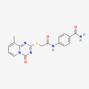molecular formula C17H15N5O3S B2721627 4-[[2-(9-Methyl-4-oxopyrido[1,2-a][1,3,5]triazin-2-yl)sulfanylacetyl]amino]benzamide CAS No. 896343-67-2