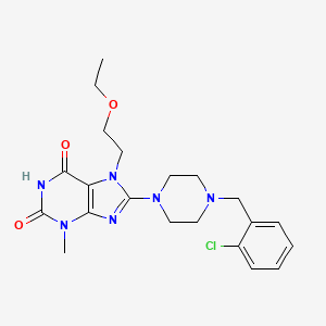 molecular formula C21H27ClN6O3 B2721693 8-[4-[(2-Chlorophenyl)methyl]piperazin-1-yl]-7-(2-ethoxyethyl)-3-methylpurine-2,6-dione CAS No. 878432-80-5