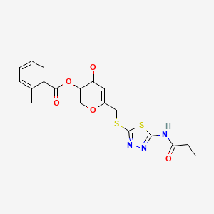 molecular formula C19H17N3O5S2 B2721704 4-oxo-6-(((5-propionamido-1,3,4-thiadiazol-2-yl)thio)methyl)-4H-pyran-3-yl 2-methylbenzoate CAS No. 896017-30-4