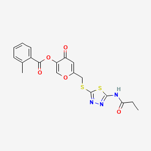 molecular formula C19H17N3O5S2 B2721704 4-氧代-6-(((5-丙酰氨基-1,3,4-噻二唑-2-基)硫)甲基)-4H-吡喃-3-基-2-甲基苯酸酯 CAS No. 896017-30-4