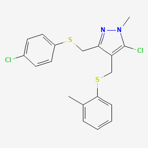 molecular formula C19H18Cl2N2S2 B2721852 5-Chloro-3-[(4-chlorophenyl)sulfanylmethyl]-1-methyl-4-[(2-methylphenyl)sulfanylmethyl]pyrazole CAS No. 318234-39-8