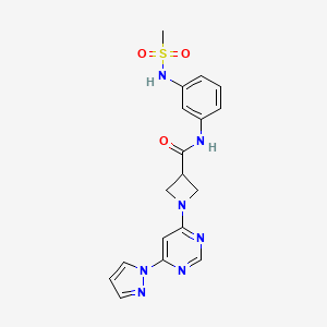 molecular formula C18H19N7O3S B2721863 1-(6-(1H-吡唑-1-基)嘧啶-4-基)-N-(3-(甲磺酰氨基)苯基)氮杂环丁烷-3-羧酰胺 CAS No. 2034480-85-6