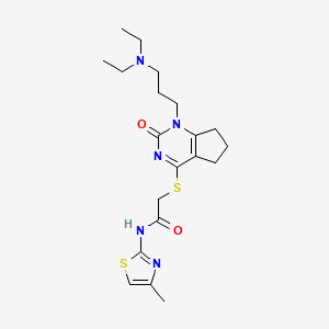 molecular formula C20H29N5O2S2 B2721879 2-((1-(3-(diethylamino)propyl)-2-oxo-2,5,6,7-tetrahydro-1H-cyclopenta[d]pyrimidin-4-yl)thio)-N-(4-methylthiazol-2-yl)acetamide CAS No. 898434-83-8