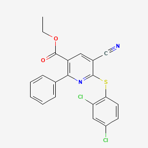 molecular formula C21H14Cl2N2O2S B2721942 Ethyl 5-cyano-6-[(2,4-dichlorophenyl)sulfanyl]-2-phenylnicotinate CAS No. 860784-73-2