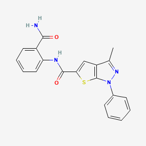 molecular formula C20H16N4O2S B2721953 N-(2-carbamoylphenyl)-3-methyl-1-phenyl-1H-thieno[2,3-c]pyrazole-5-carboxamide CAS No. 380216-64-8