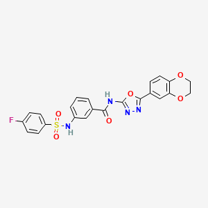 molecular formula C23H17FN4O6S B2721979 N-(5-(2,3-dihydrobenzo[b][1,4]dioxin-6-yl)-1,3,4-oxadiazol-2-yl)-3-(4-fluorophenylsulfonamido)benzamide CAS No. 886894-46-8