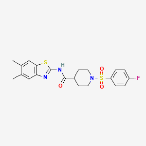 molecular formula C21H22FN3O3S2 B2722046 N-(5,6-二甲基苯并噻唑-2-基)-1-((4-氟苯基)磺酰)哌啶-4-羧酰胺 CAS No. 922478-59-9
