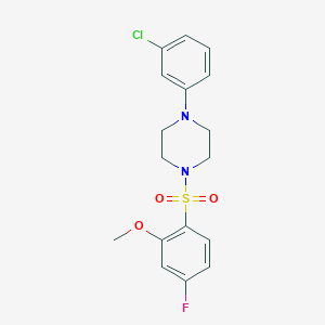 molecular formula C17H18ClFN2O3S B272206 2-{[4-(3-Chlorophenyl)-1-piperazinyl]sulfonyl}-5-fluorophenyl methyl ether 