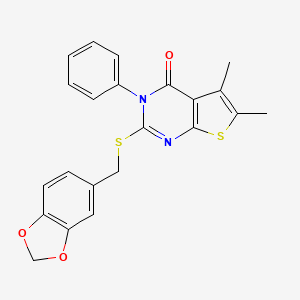 molecular formula C22H18N2O3S2 B2722063 2-((benzo[d][1,3]dioxol-5-ylmethyl)thio)-5,6-dimethyl-3-phenylthieno[2,3-d]pyrimidin-4(3H)-one CAS No. 690960-37-3