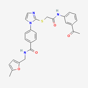 molecular formula C26H24N4O4S B2722073 4-(2-((2-((3-acetylphenyl)amino)-2-oxoethyl)thio)-1H-imidazol-1-yl)-N-((5-methylfuran-2-yl)methyl)benzamide CAS No. 1207044-64-1