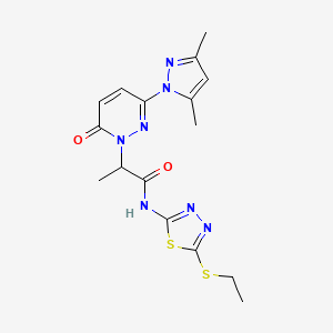 molecular formula C16H19N7O2S2 B2722146 2-(3-(3,5-dimethyl-1H-pyrazol-1-yl)-6-oxopyridazin-1(6H)-yl)-N-(5-(ethylthio)-1,3,4-thiadiazol-2-yl)propanamide CAS No. 1334369-29-7