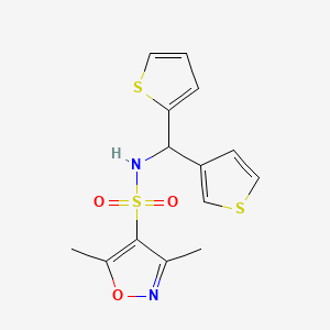 molecular formula C14H14N2O3S3 B2722161 3,5-dimethyl-N-(thiophen-2-yl(thiophen-3-yl)methyl)isoxazole-4-sulfonamide CAS No. 2034514-92-4