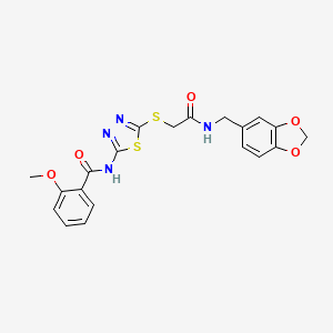molecular formula C20H18N4O5S2 B2722175 N-(5-((2-((benzo[d][1,3]dioxol-5-ylmethyl)amino)-2-oxoethyl)thio)-1,3,4-thiadiazol-2-yl)-2-methoxybenzamide CAS No. 868973-30-2